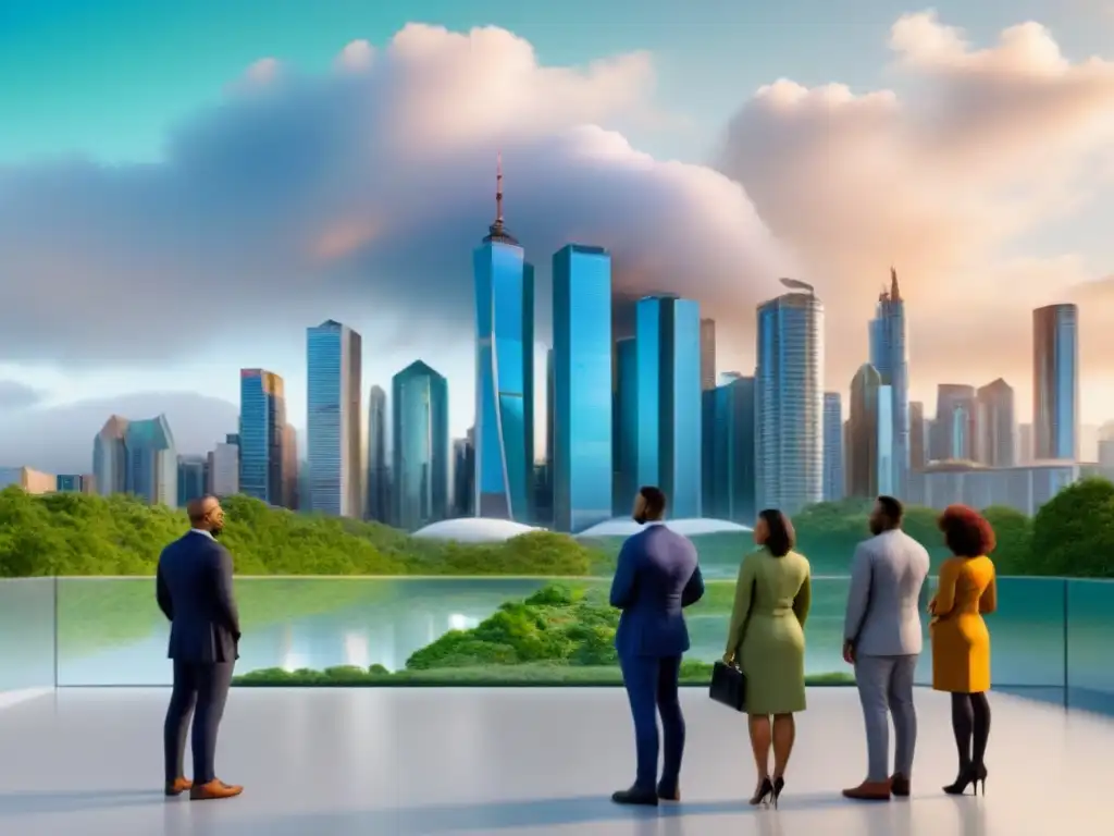 Cityscape diverso: unidos por la igualdad en crédito inmobiliario Un grupo diverso se reúne frente a una ciudad futurista, simbolizando la igualdad en el crédito inmobiliario