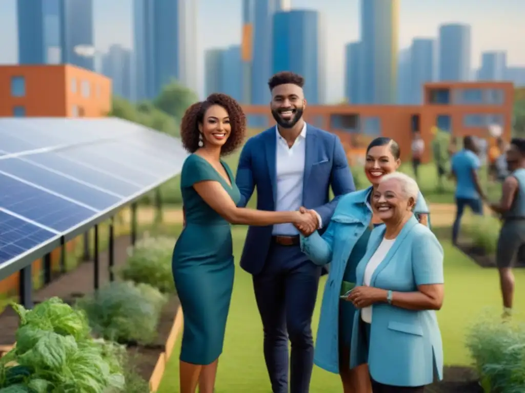 Desarrollo sostenible y comunitario en la ciudad: diversidad y progreso Grupo diverso sonríe frente a complejo habitacional sostenible en ciudad, simbolizando financiamiento inmobiliario cooperativas crédito