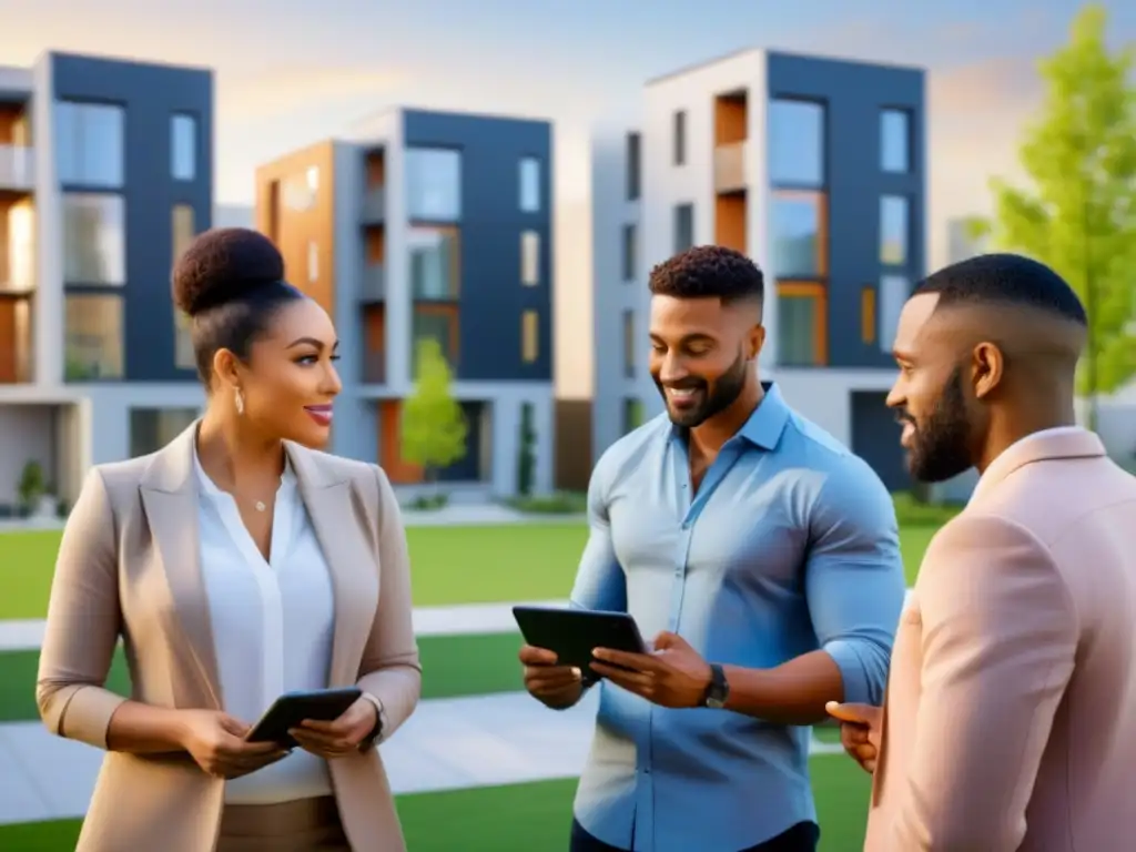 Comunidad inclusiva en desarrollo inmobiliario sostenible Un grupo diverso colabora frente a un desarrollo inclusivo