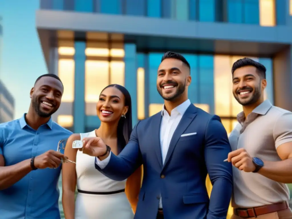 Logro inmobiliario: Grupo diverso celebra éxito frente a moderna oficina Grupo diverso sonriendo frente a edificio moderno