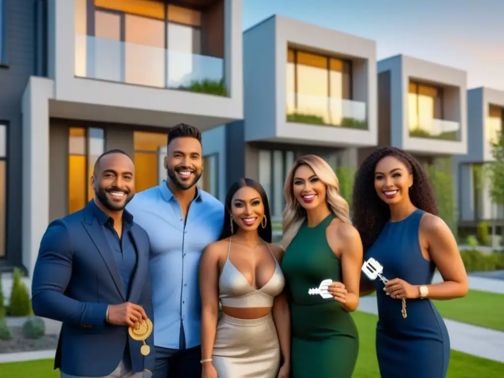 Comunidad diversa y exitosa frente a modernas casas urbanas Grupo diverso sonríe frente a modernas casas, simbolizando éxito en financiamiento préstamos inmobiliarios minorías