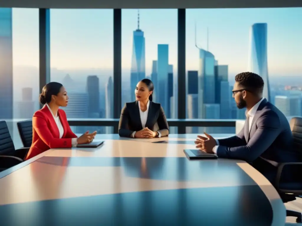 Reunión de negocios diversa en oficina moderna con vista a la ciudad Un grupo diverso discute ideas en una oficina moderna, simbolizando innovación en servicios financieros y proyectos inmobiliarios