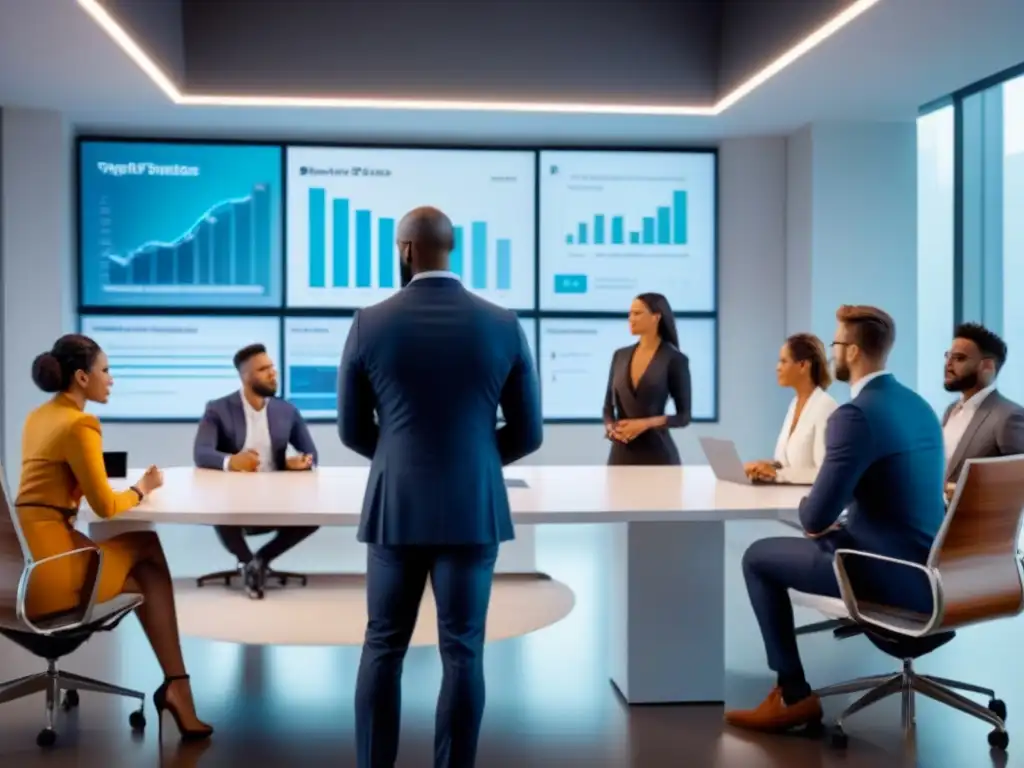 Equipo de influencers inmobiliarios innovando en oficina futurista Un grupo diverso de influencers inmobiliarios colaborando en una oficina moderna y futurista