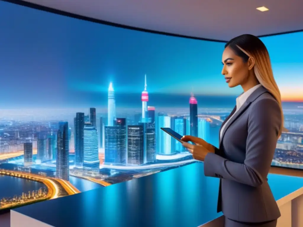 Real Estate Social Media: Futuro Inmobiliario Digital Un grupo diverso interactúa con pantallas holográficas mostrando listados de propiedades