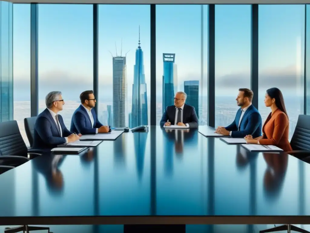 Inversores internacionales analizan impuestos en reunión de alto nivel Grupo diverso de inversionistas en bienes raíces extranjeros, analizando documentos en sala futurista con vista a la ciudad