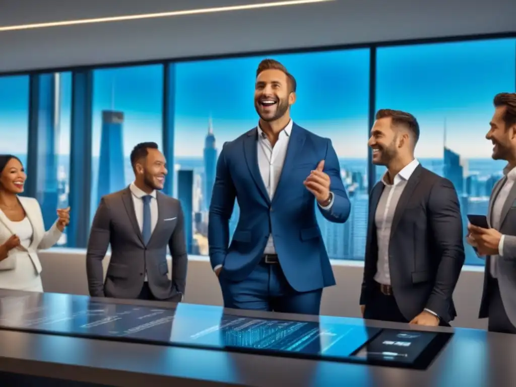Inversores felices celebran éxito en crowdfunding inmobiliario Un grupo diverso de inversionistas felices celebra una exitosa Campaña Crowdfunding Inmobiliario en una oficina moderna, rodeados de planos arquitectónicos y pantallas digitales con datos inmobiliarios