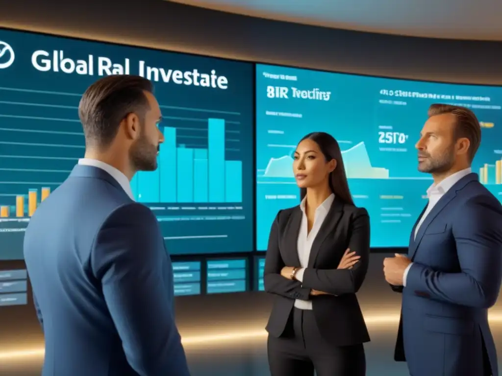 Inversores globales analizan el mercado inmobiliario con holograma 8k Un grupo diverso de inversionistas inmobiliarios globales analiza datos en un entorno tecnológico avanzado