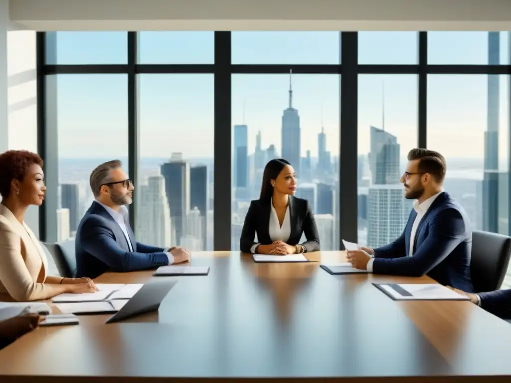 Reunión de inversores inmobiliarios: expertos en acción frente a la ciudad Un grupo diverso de inversionistas inmobiliarios en una elegante oficina, discutiendo sobre beneficios fiscales bienes raíces