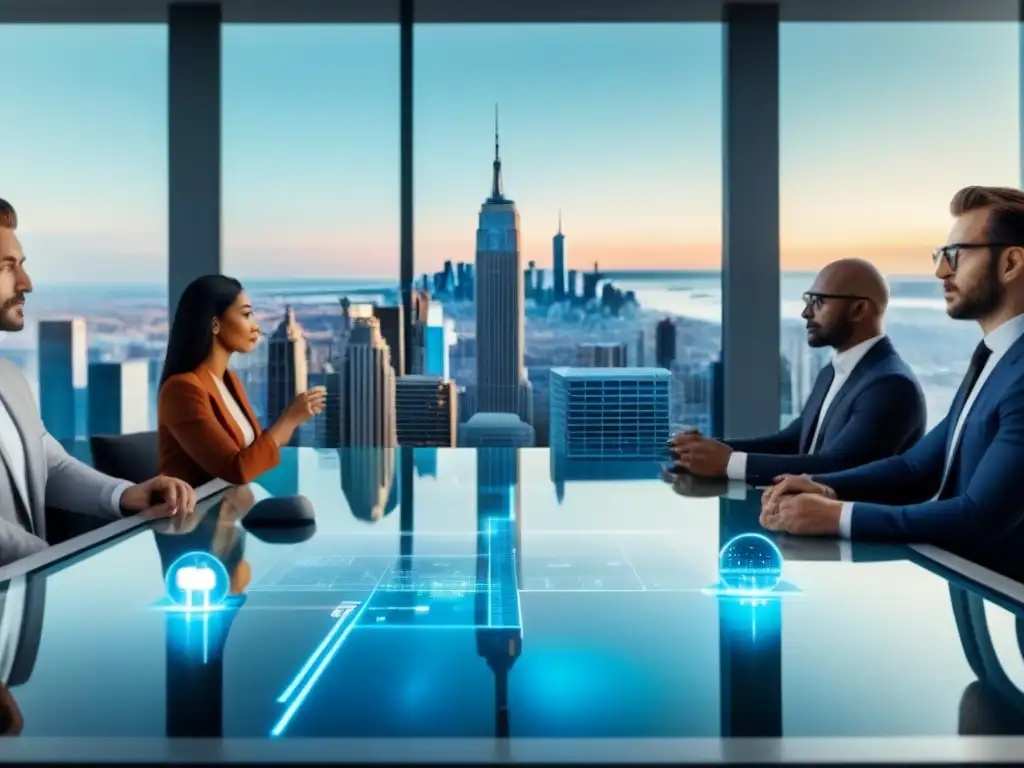 Un grupo diverso de inversionistas inmobiliarios principiantes se reúne alrededor de una mesa transparente futurista con hologramas detallados de propiedades inmobiliarias, expresando curiosidad y determinación, en un ambiente profesional y moderno