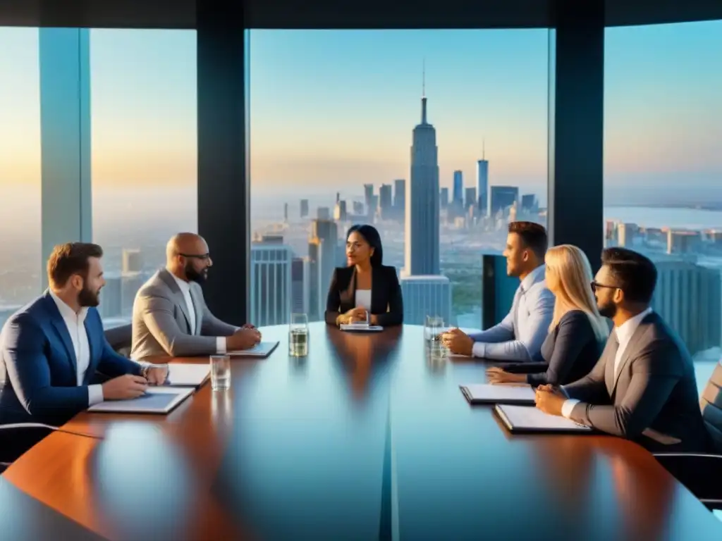 Inversores inmobiliarios: reunión estratégica en boardroom de lujo Grupo diverso de inversionistas inmobiliarios en reunión estratégica de largo plazo en moderna sala de juntas
