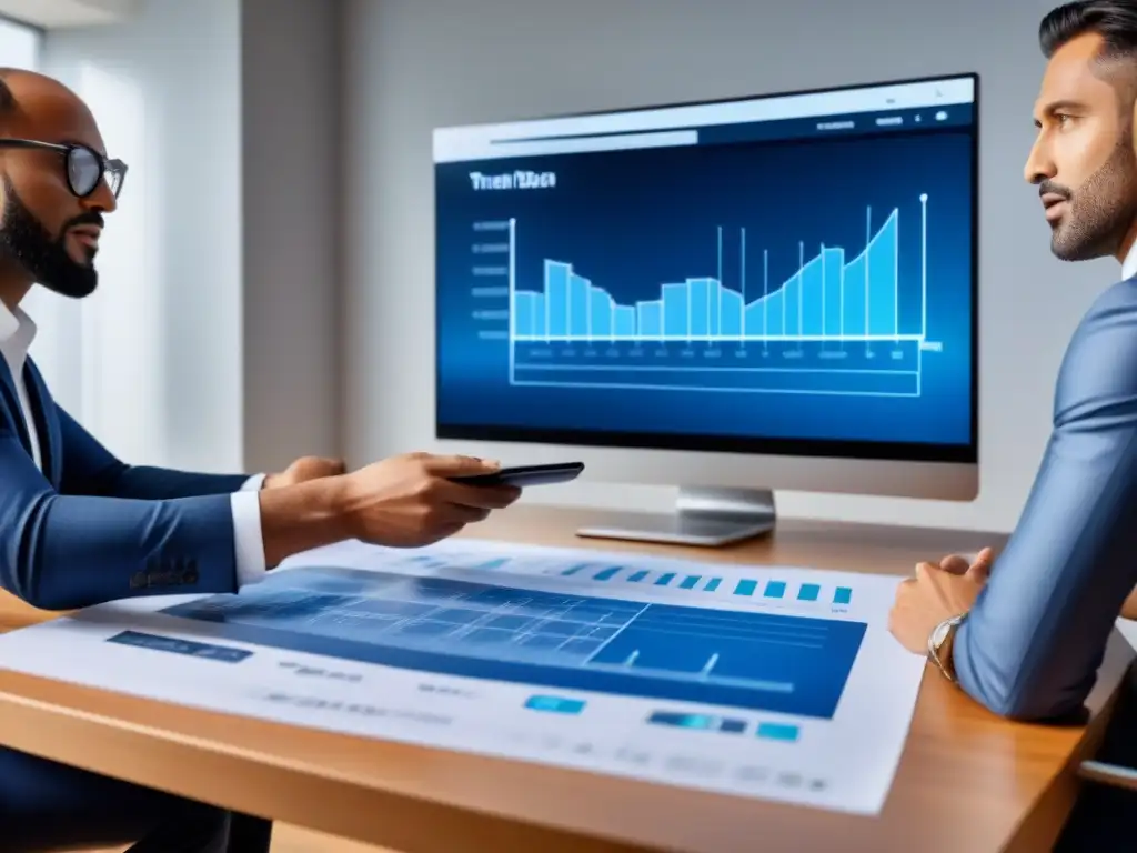 Inversionistas inmobiliarios analizan estrategias de inversión Un grupo diverso de inversionistas inmobiliarios analizando planos y estrategias para maximizar beneficios con flipping inmobiliario