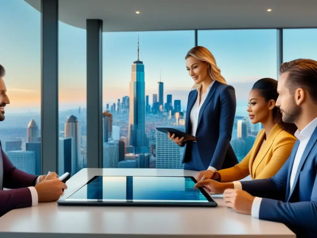 Inversores inmobiliarios analizan oportunidades en sala ultramoderna Grupo diverso de inversionistas inmobiliarios analizando datos financieros en una sala moderna con tecnología de punta