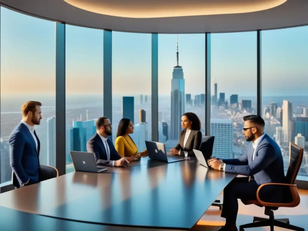 Inversores internacionales analizan tendencias inmobiliarias en sala de conferencias moderna con vista a la ciudad Grupo diverso de inversionistas internacionales analizando tendencias del mercado inmobiliario en una elegante sala con vista a la ciudad