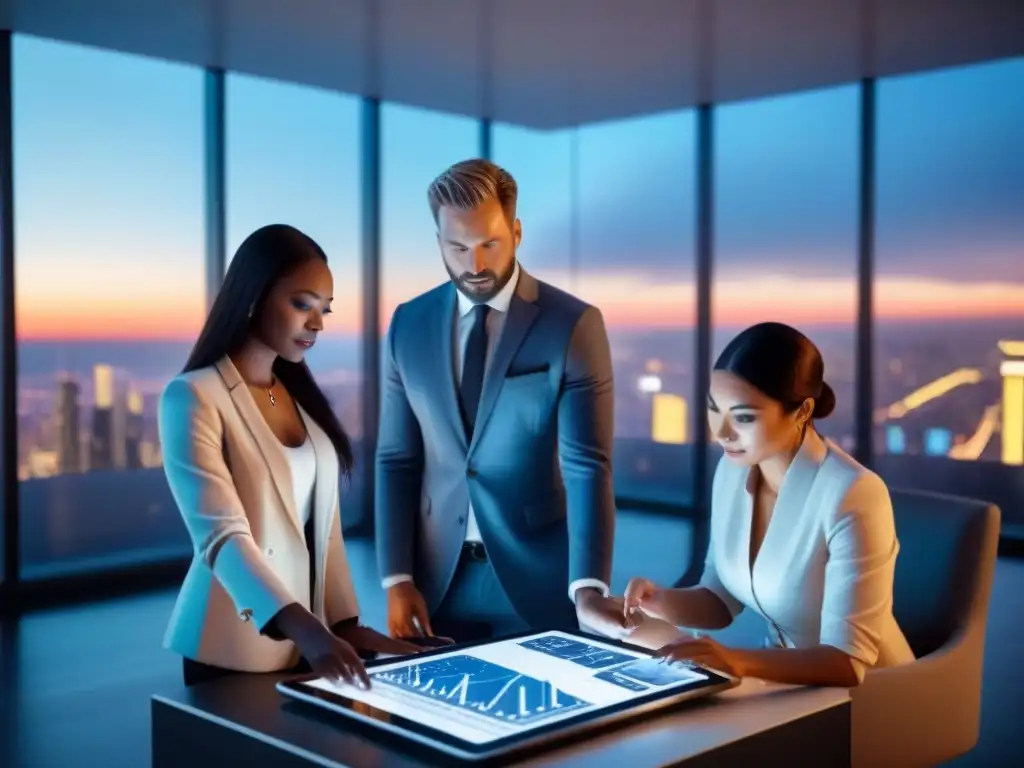 Inversores analizan planos y gráficos en oficina moderna Grupo diverso de inversionistas analizando planos y gráficos financieros en una oficina moderna con vista a la ciudad al anochecer