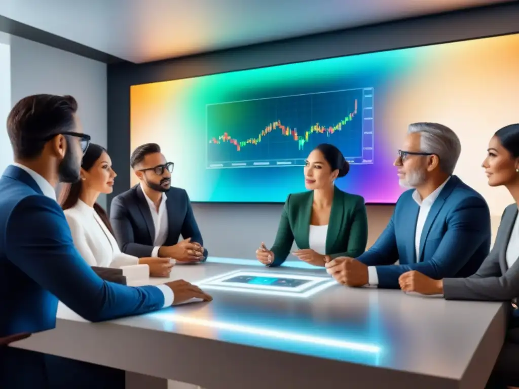 Inversores analizan mercado inmobiliario en Latinoamérica Un grupo diverso de inversionistas en una reunión futurista sobre tendencias del mercado inmobiliario en América Latina