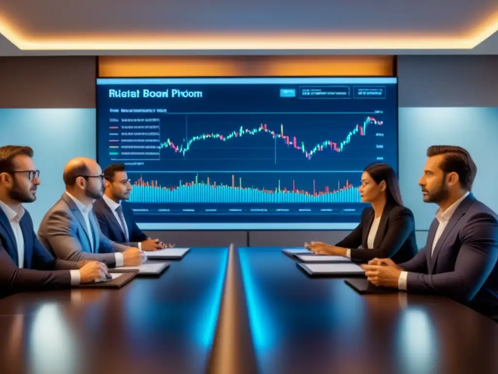 Inversores expertos en reunión estratégica de inversión inmobiliaria Grupo diverso de inversionistas en una sala de juntas moderna discutiendo gráficos financieros