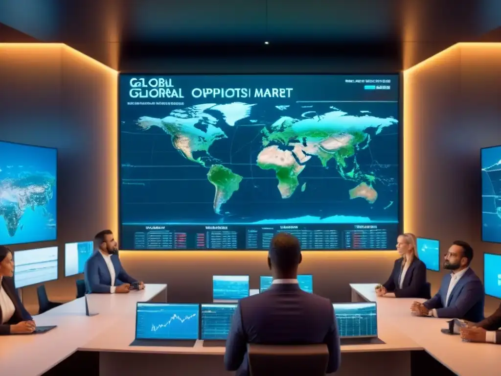 Inversores serios analizan tendencias globales en bienes raíces Un grupo diverso de inversionistas serios analizan tendencias de mercado en holograma, tecnología de vanguardia