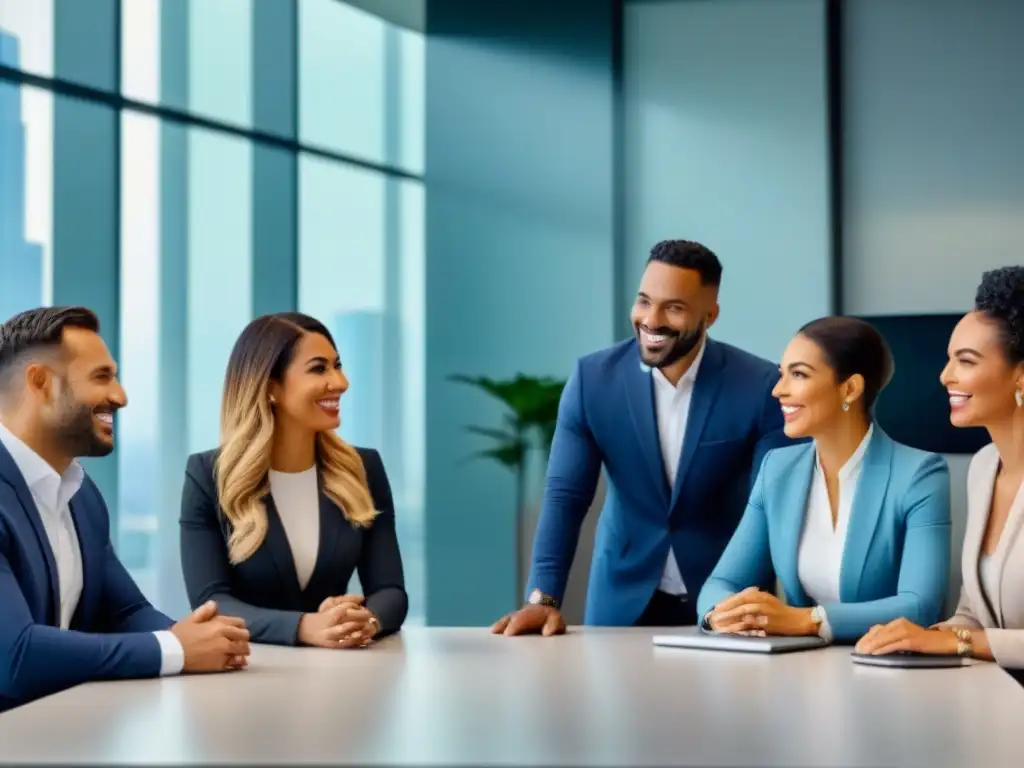 Inversores inmobiliarios exitosos en moderna oficina Un grupo diverso de inversionistas sonrientes en una oficina moderna, simbolizando el éxito y la colaboración en Seguros de alquiler garantizado