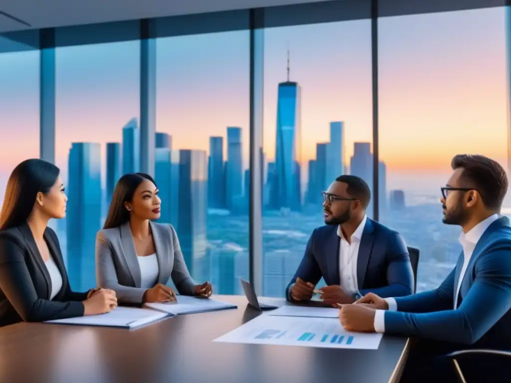 Inversores Multiculturales en Seminario de Finanzas Inmobiliarias Un grupo diverso de inversores atentos en una sala de juntas moderna, rodeados de documentos financieros y gráficos, escuchando a un experto en financiamiento inmobiliario