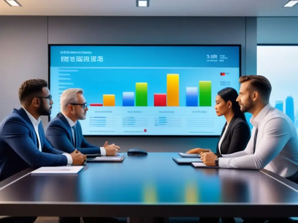 Inversores diversificados discuten pólizas de seguros en mesa futurista Un grupo diverso de inversores discutiendo beneficios seguros propiedad, colaborando en decisiones informadas en la industria aseguradora