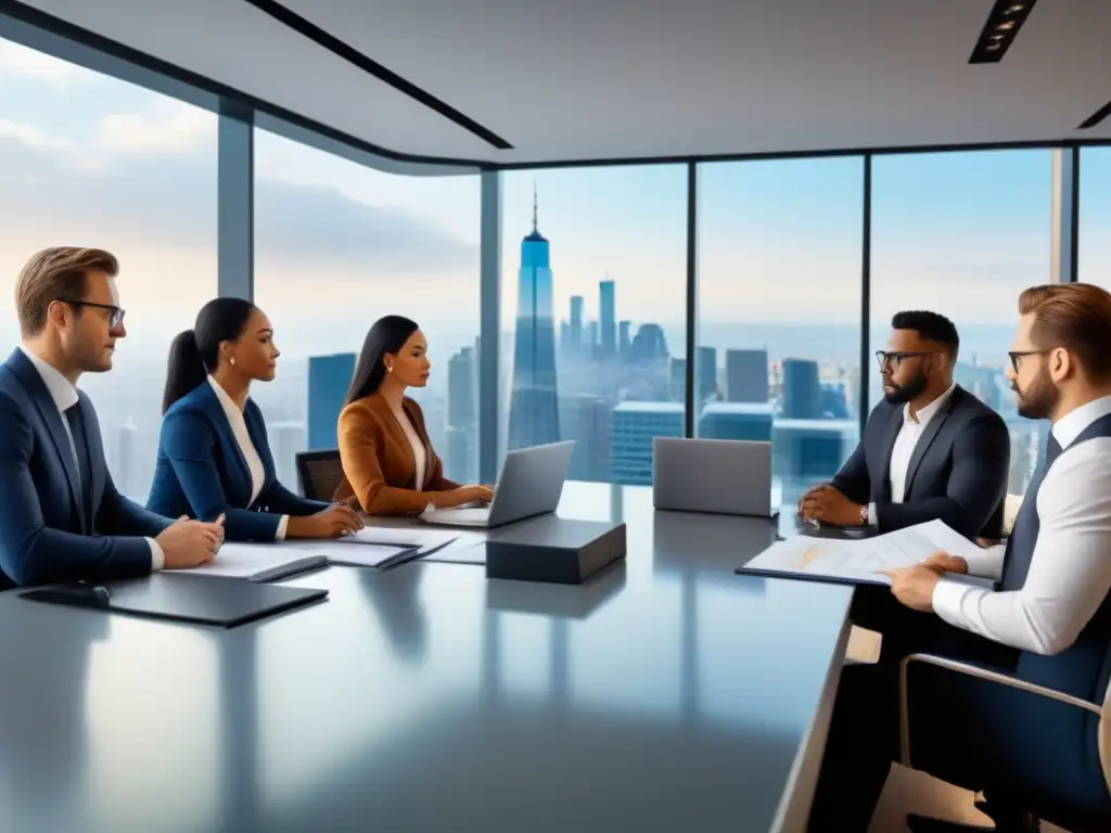 Inversores diversificados analizan contrato de préstamo inmobiliario Un grupo diverso de inversores estudia cláusulas contrato préstamo inmobiliario en una moderna oficina con vista a la ciudad