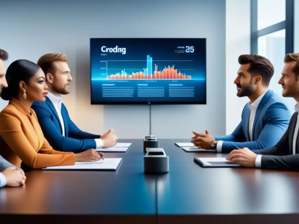 Inversores debatiendo innovadoras inversiones inmobiliarias Grupo diverso de inversores discuten inversión crowdfunding propiedades alto rendimiento en sala moderna y luminosa