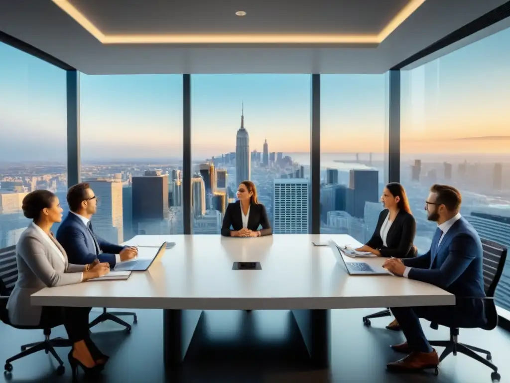 Inversores colaborativos planifican éxito en crowdlending inmobiliario Grupo diverso de inversores colaborando en crowdlending para financiamiento inmobiliario en moderna oficina de alto impacto