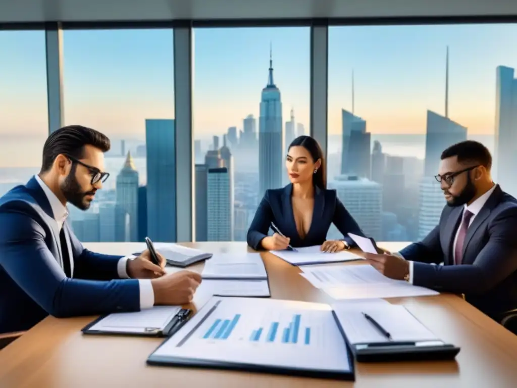 Inversores analizando datos fiscales: clave para inversiones exitosas Grupo diverso de inversores analizando datos de impuestos propiedad en oficina elegante, ciudad de fondo