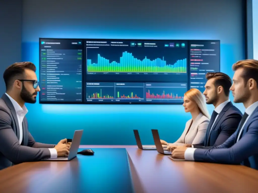 Un grupo diverso de inversores analiza datos financieros en una sala futurista, reflejando innovación y crecimiento financiero