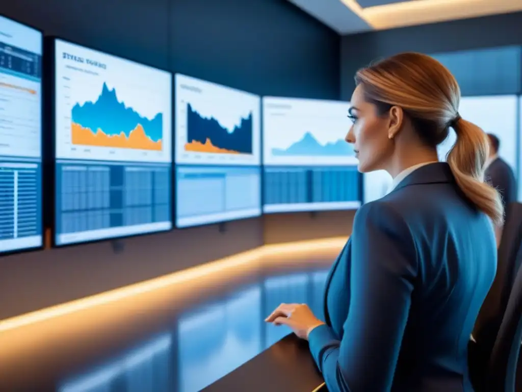 Un grupo diverso de inversores analiza datos financieros en dispositivos de alta tecnología en una oficina futurista