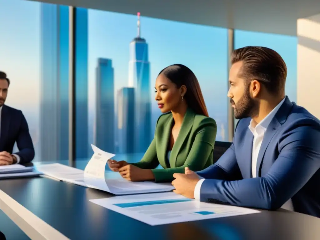 Inversionistas expertos analizan mercado inmobiliario con visión futurista Un grupo diverso de inversores enfocados discuten en una elegante sala con documentos inmobiliarios y planos arquitectónicos