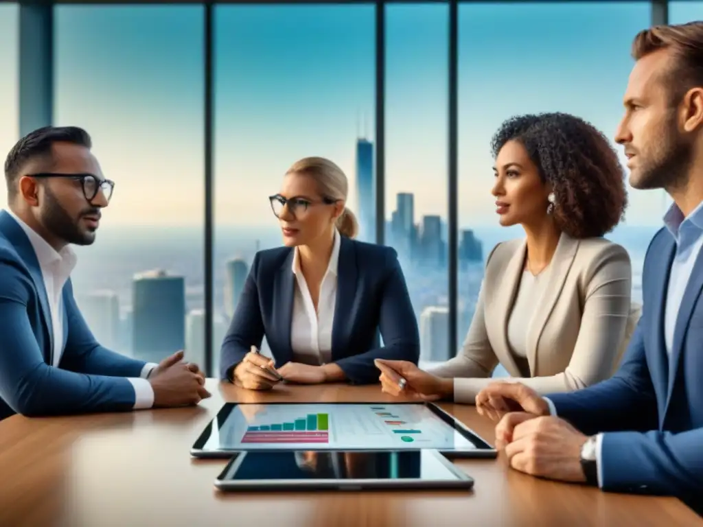 Inversores debatiendo estrategias inmobiliarias en sala de juntas moderna Un grupo diverso de inversores discute estrategias de mercado inmobiliario en una moderna sala de juntas, reflejando colaboración y expertise
