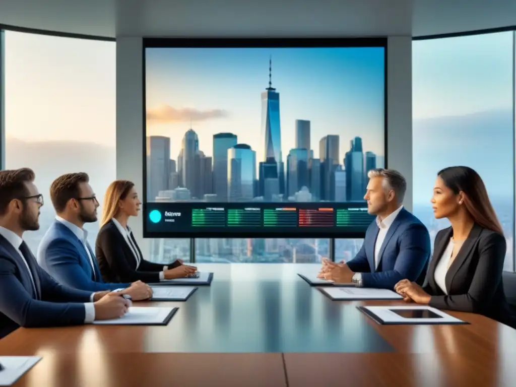 Inversores en mesa redonda: estrategias inmobiliarias de vanguardia Un grupo diverso de inversores discute estrategias de inversión de deuda inmobiliaria en una moderna sala de juntas