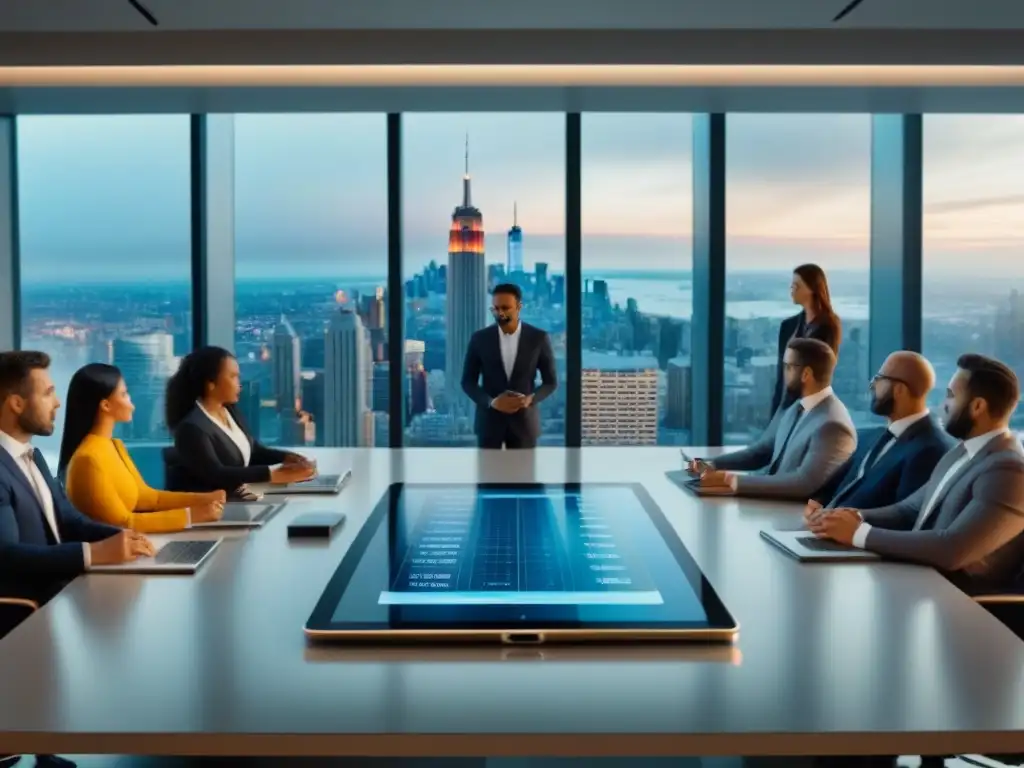 Inversores innovadores en reunión de estrategias de inversión Grupo diverso de inversores discutiendo estrategias en oficina moderna con tecnología avanzada