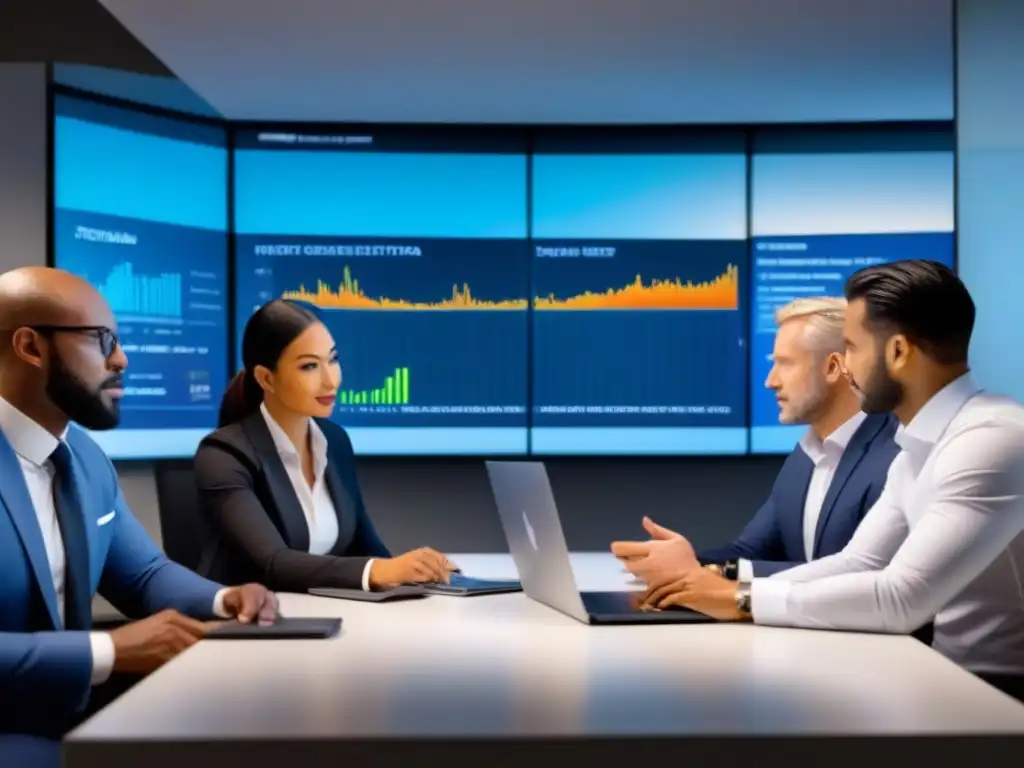 Inversores exitosos analizan REITs en oficina moderna Un grupo diverso de inversores exitosos analiza datos de REITs comerciales en una oficina moderna, reflejando colaboración y profesionalismo