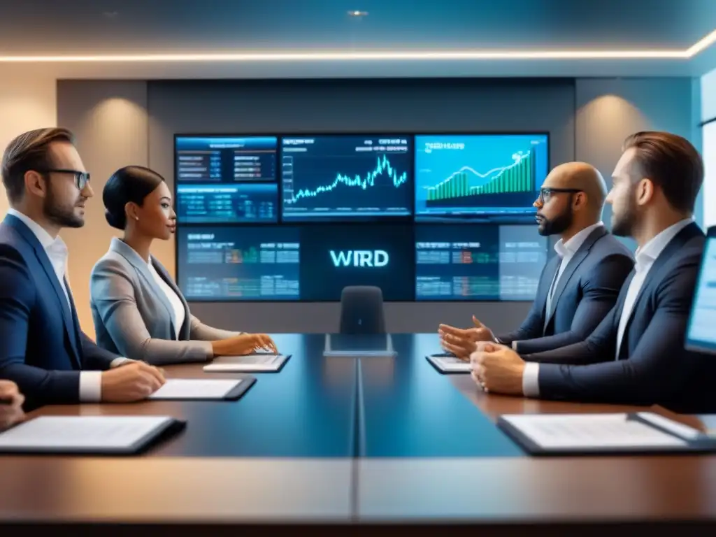 Inversores exitosos analizan datos financieros en moderna sala de juntas Un grupo diverso de inversores exitosos en una sala de juntas moderna, rodeados de pantallas digitales con datos en tiempo real sobre REITs comerciales