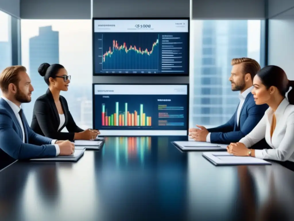 Inversores exitosos debatiendo estrategias de inversión en REITs Un grupo diverso de inversores exitosos discuten estrategias de 'Inversión en REITs comerciales principiantes' en una moderna oficina