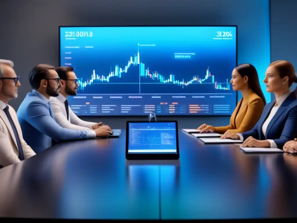 Grupo diverso de inversores analizando gráficos financieros en hologramas Un grupo diverso de inversores analiza hologramas financieros en una mesa futurista