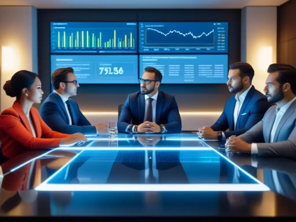 Inversores analizan gráficos de REIT en sala futurista Un grupo diverso de inversores estudia informes financieros y estrategias de inversión en una sala moderna con tecnología avanzada