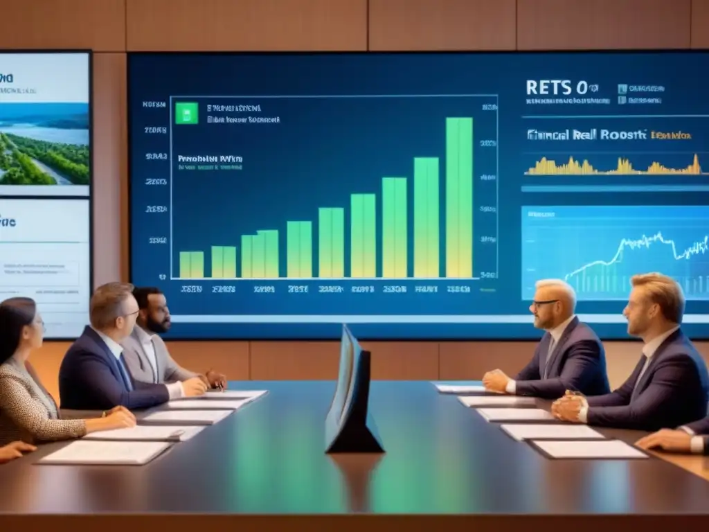Inversores analizan estrategias de REIT en sala de juntas Grupo diverso de inversores analizando informes financieros y estrategias de inversión en REITs en una sala de juntas