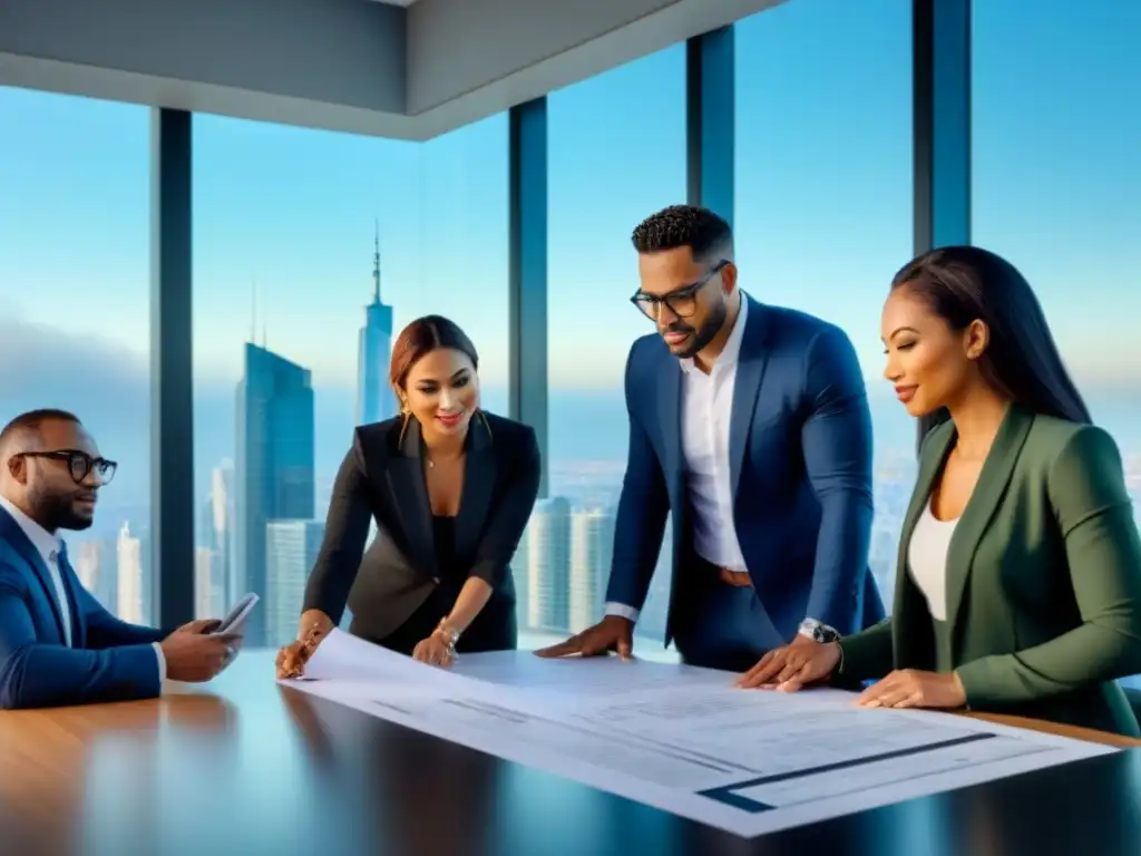 Un grupo diverso de inversores inmobiliarios exitosos discute estrategias en una oficina moderna, simbolizando casos de éxito en financiamiento inmobiliario