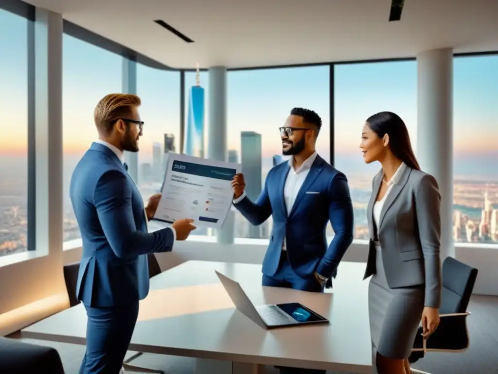 Reunión de inversores inmobiliarios con certificaciones en oficina moderna Grupo diverso de inversores inmobiliarios en una sala de juntas moderna, discutiendo y mostrando certificaciones bienes raíces inversores
