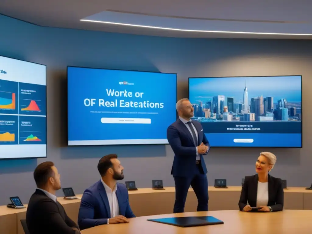 Inversores inmobiliarios en workshop de certificación: educación y colaboración en 8k Un grupo diverso de inversores inmobiliarios en un taller de certificación, rodeados de tecnología y colaboración