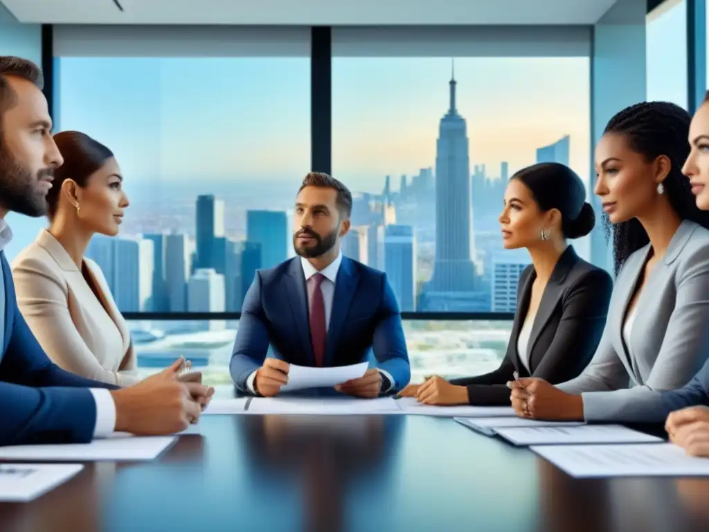 Grupo diverso de inversores inmobiliarios profesionales discutiendo estrategias en una moderna sala de juntas, con vista a la ciudad