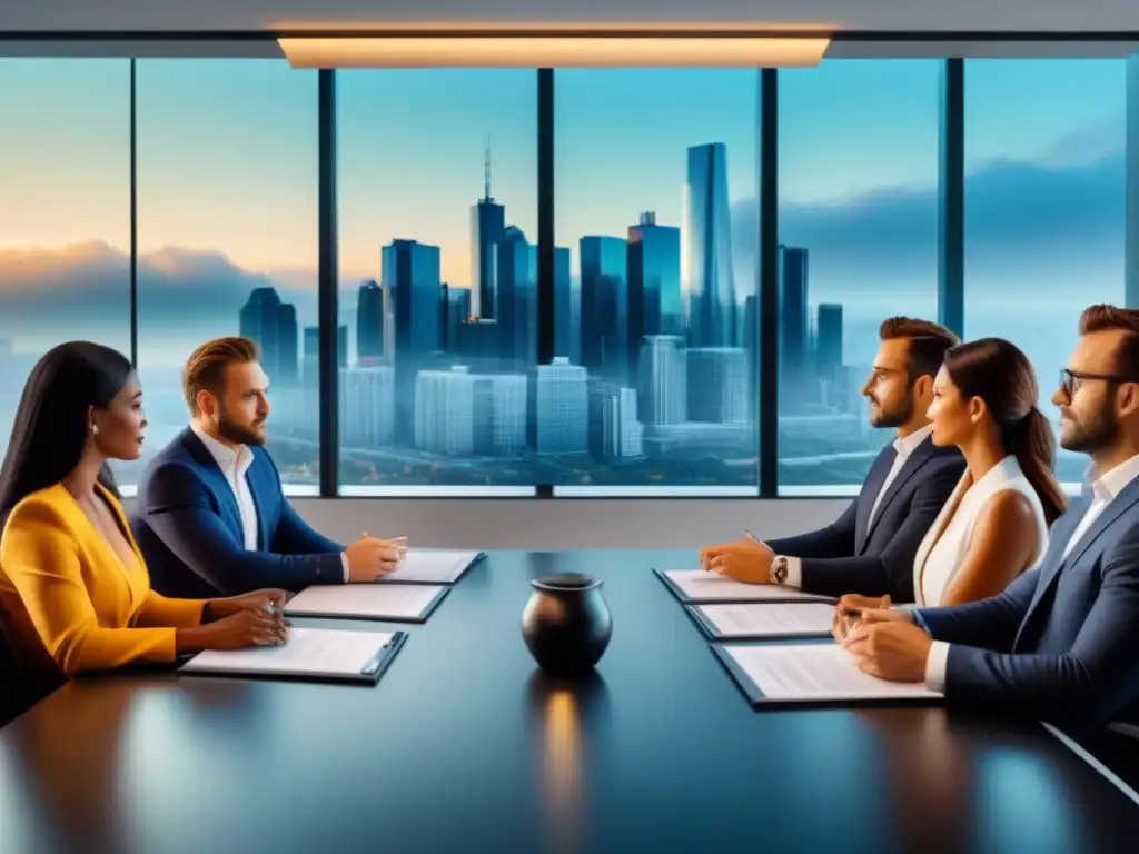 Reunión de inversores inmobiliarios: estrategias de éxito en 8k Grupo diverso de inversores inmobiliarios negociando estrategias de flipping en una moderna sala de juntas