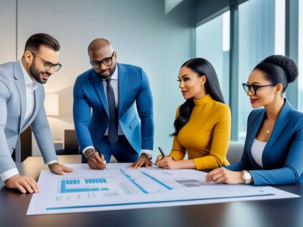 Inversores inmobiliarios diversificados planifican estrategias innovadoras Un grupo diverso de inversores inmobiliarios colabora en estrategias exitosas