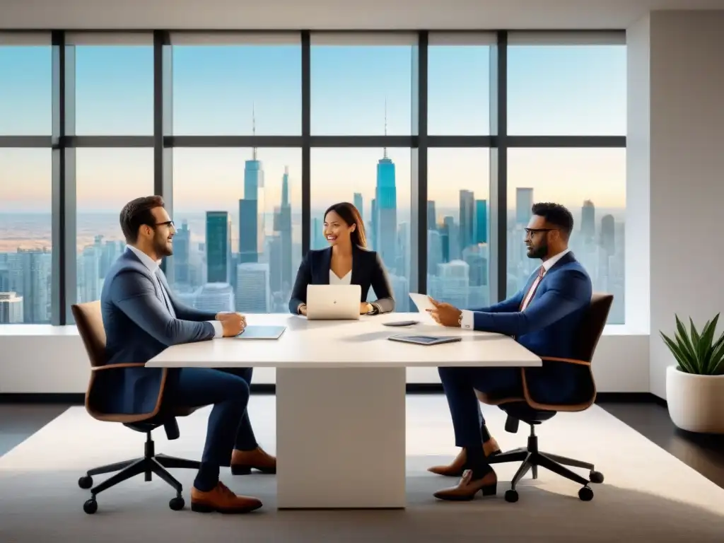 Inversores inmobiliarios colaborando en oficina moderna Grupo diverso de inversores inmobiliarios colaborando en moderna oficina para maximizar ganancias crowdfunding inmobiliario