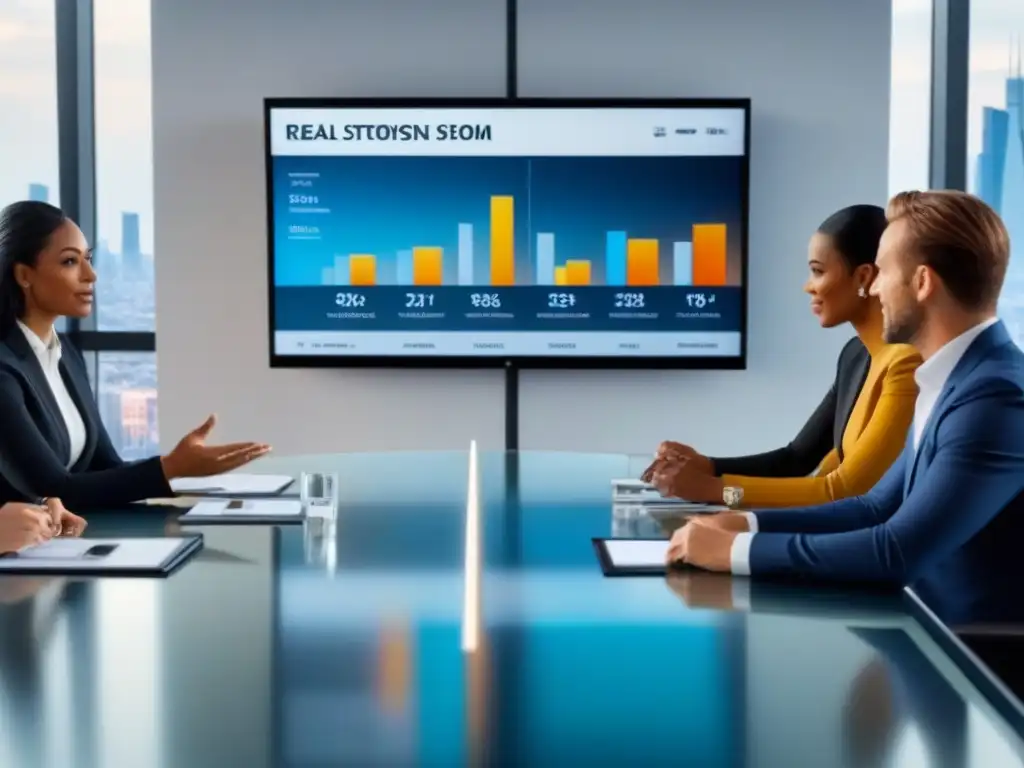 Inversores inmobiliarios diversificados en moderna sala de juntas Grupo diverso de inversores inmobiliarios discutiendo estrategias financieras en moderna sala de juntas con vista a la ciudad