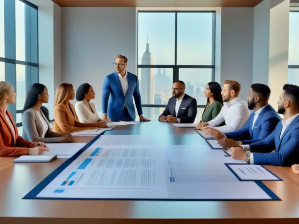 Inversionistas inmobiliarios: diversidad y profesionalismo en reunión Un grupo diverso de inversores inmobiliarios discute beneficios fiscales en una mesa moderna