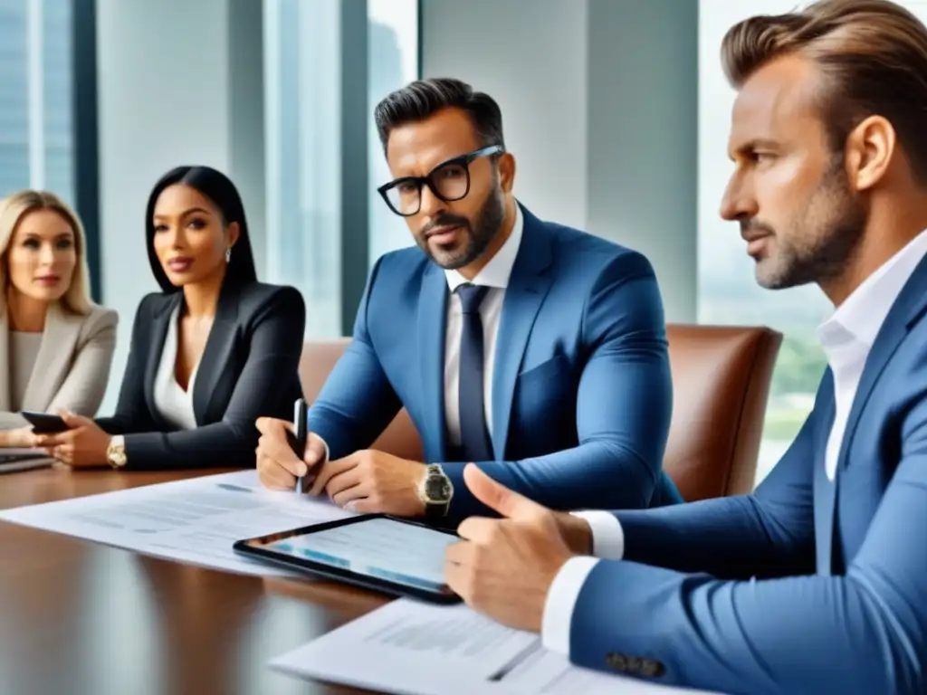 Inversores inmobiliarios modernos y colaborativos en reunión estratégica Un grupo diverso de inversores inmobiliarios serios revisando estrategias de inversión en una moderna sala de reuniones